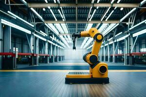 a yellow robot is standing in a factory. AI-Generated photo