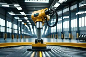 a yellow robot is sitting on a conveyor belt. AI-Generated photo