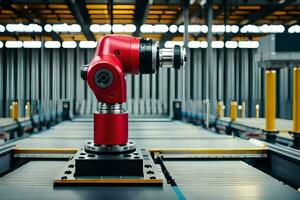 a red robot on a conveyor belt in a factory. AI-Generated photo