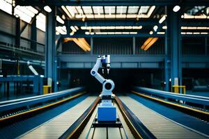 a robot is standing on a conveyor belt in a factory. AI-Generated photo