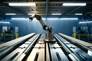 a robotic arm is standing on a conveyor belt. AI-Generated photo