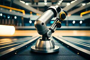 a robotic arm on a conveyor belt in a large building. AI-Generated photo