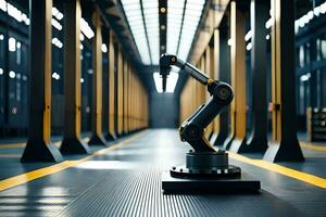 a robot standing in a warehouse with yellow lines. AI-Generated photo