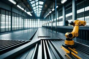 a robot is standing on a conveyor belt in a factory. AI-Generated photo