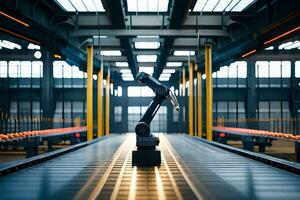 a robot is standing in a factory with a conveyor belt. AI-Generated photo