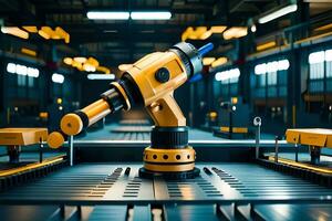 a robotic arm is sitting on a conveyor belt. AI-Generated photo