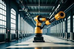 a robotic arm is standing in a large warehouse. AI-Generated photo