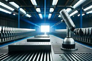 a robot is sitting on a conveyor belt in a factory. AI-Generated photo