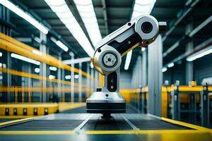 a robotic arm is standing in front of a conveyor belt. AI-Generated photo