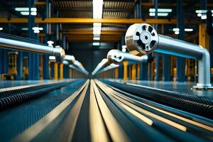 a long line of metal pipes in a factory. AI-Generated photo