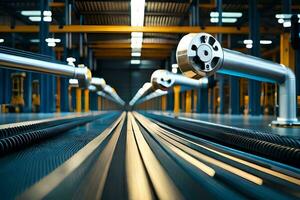 a long line of metal pipes in a factory. AI-Generated photo