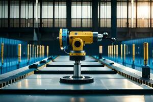 a yellow industrial machine is sitting on a table. AI-Generated photo