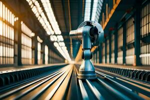 a robot is standing on a track in a factory. AI-Generated photo