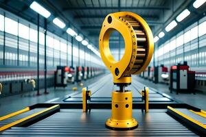 a yellow gear on a conveyor belt in a factory. AI-Generated photo