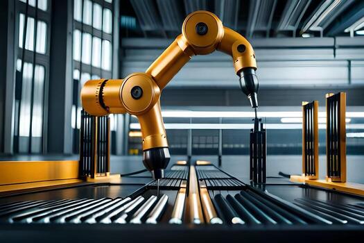 un robótico brazo es trabajando en un máquina en un fábrica. generado por ai foto
