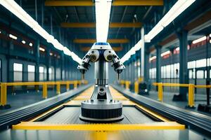 a robot is standing on a conveyor belt in a factory. AI-Generated photo