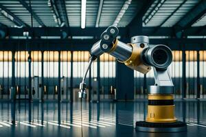 a robotic arm is standing in front of a large warehouse. AI-Generated photo
