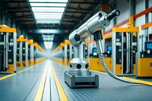 a robotic arm is standing in a factory. AI-Generated photo