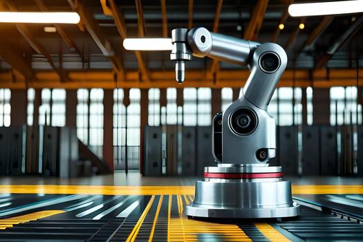a robotic arm is sitting on a table in a factory. AI-Generated photo