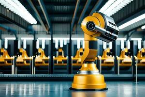 un amarillo robot es en pie en frente de un grande depósito. generado por ai foto