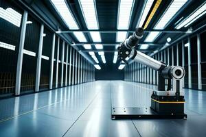 a robotic arm in a large warehouse with a light shining on it. AI-Generated photo