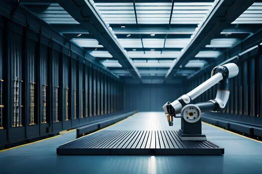 a robot is standing in front of a large machine. AI-Generated photo