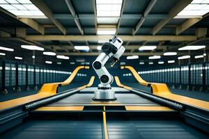 a robot is standing in a warehouse with a conveyor belt. AI-Generated photo