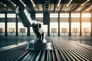 a robot is sitting on a metal platform in a warehouse. AI-Generated photo