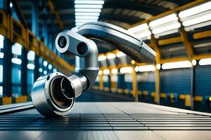 a robotic arm is sitting on a conveyor belt. AI-Generated photo