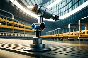 a robot is standing on a platform in front of a warehouse. AI-Generated photo