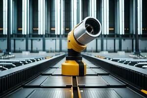 a yellow and black camera on a conveyor belt. AI-Generated photo
