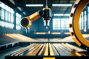 a robotic arm is in the middle of a factory. AI-Generated photo