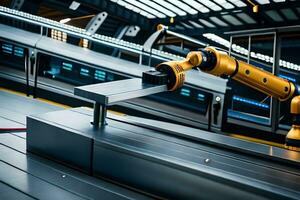 a robotic arm is working on a conveyor belt. AI-Generated photo