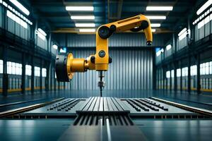 un robótico brazo es trabajando en un máquina en un fábrica. generado por ai foto