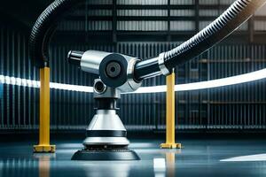 a robotic arm is sitting on a table in a warehouse. AI-Generated photo