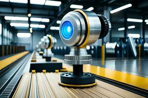 a robot is standing on a conveyor belt in a factory. AI-Generated photo