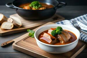 a bowl of soup with meat and broccoli on a wooden table. AI-Generated photo