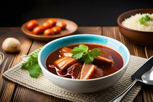 chinese food with meat and rice in a bowl on a wooden table. AI-Generated photo