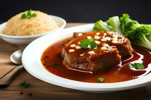 chinese beef with sauce and broccoli on a plate. AI-Generated photo