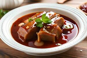 un cuenco de carne y salsa en un de madera mesa. generado por ai foto