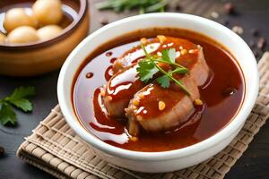 chinese pork belly with sauce in a bowl. AI-Generated photo