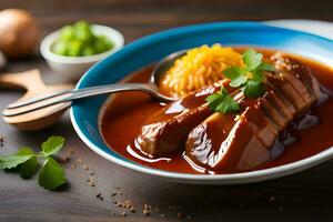 chicken and rice soup in a bowl with a spoon. AI-Generated photo