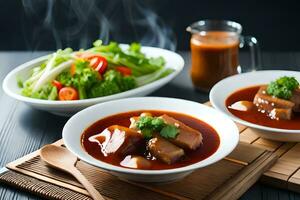 two bowls of soup with meat and vegetables. AI-Generated photo