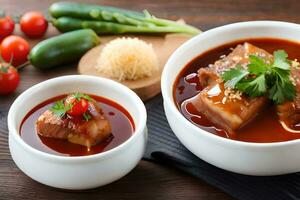 two bowls of soup with meat and vegetables. AI-Generated photo