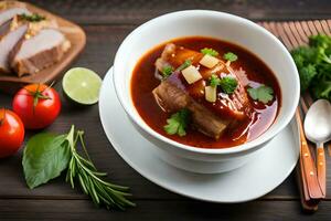 a bowl of soup with meat and vegetables on a table. AI-Generated photo