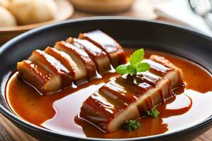 a bowl of meat and sauce on a table. AI-Generated photo
