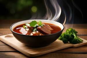 a bowl of soup with meat and broccoli on a wooden table. AI-Generated photo