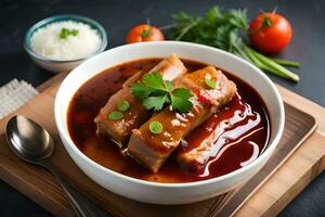 chinese pork with sauce in a bowl. AI-Generated photo