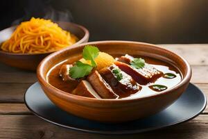 chicken and noodles in a bowl on a wooden table. AI-Generated photo