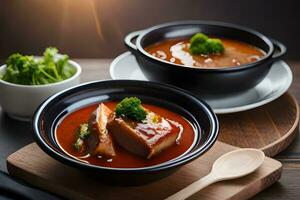 two bowls of soup with meat and broccoli. AI-Generated photo
